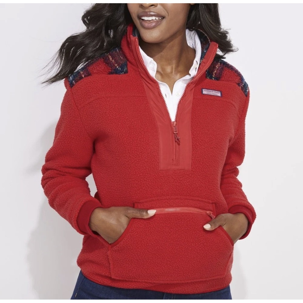 Vineyard Vines Apres Tartan Supershep Quarter zip Fleece Red Sherpa Size Medium